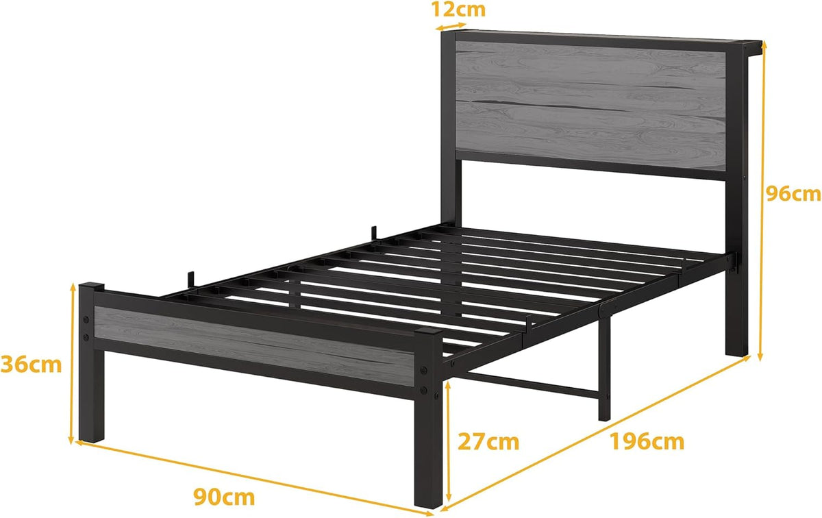 DUMEE Eenpersoonsbedframe met opslag houten hoofdeinde, 3FT metalen bedframe eenpersoonsbedbasis/matrasstichting, verbeterde ondersteuning geluidsvrij, getextureerd zwart+grijs eiken