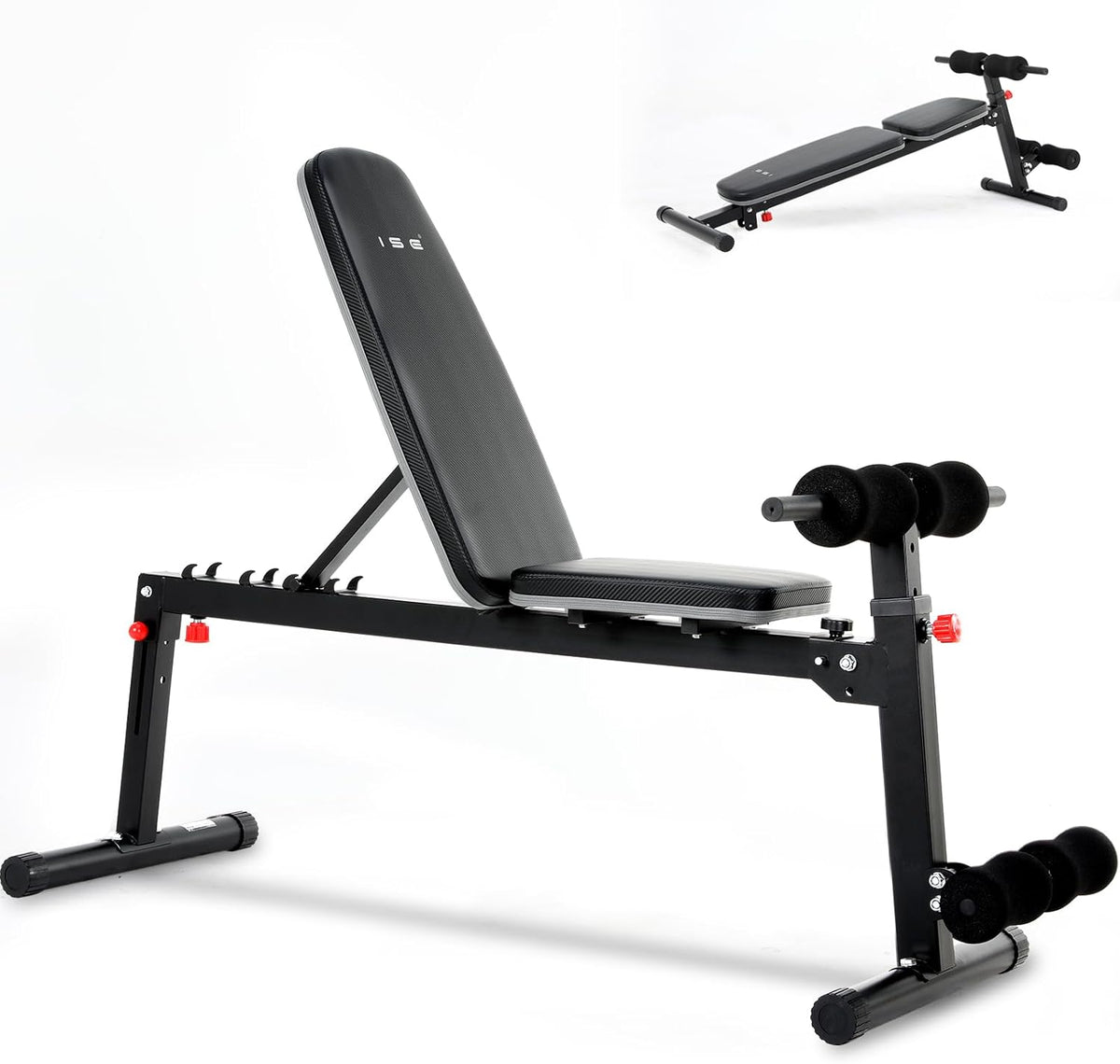 ISE Verstelbare trainingsbank, multifunctionele fitnessbank met beensteun, zwart, stalen frame met 5-voudig verstelbare rugleuning, met een capaciteit van 150 kg voor thuis