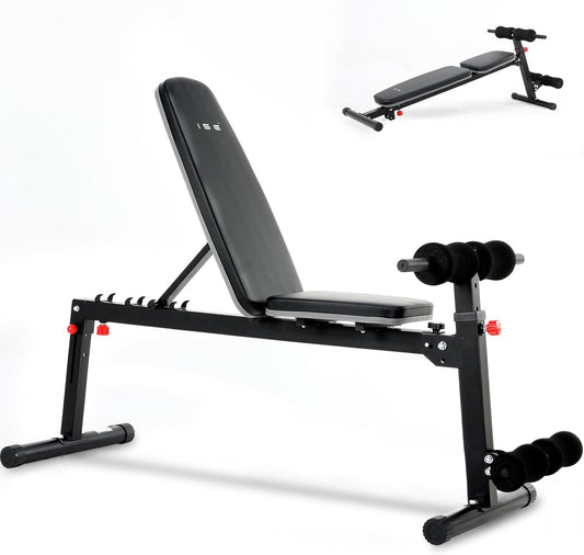 ISE Verstelbare trainingsbank, multifunctionele fitnessbank met beensteun, zwart, stalen frame met 5-voudig verstelbare rugleuning, met een capaciteit van 150 kg voor thuis