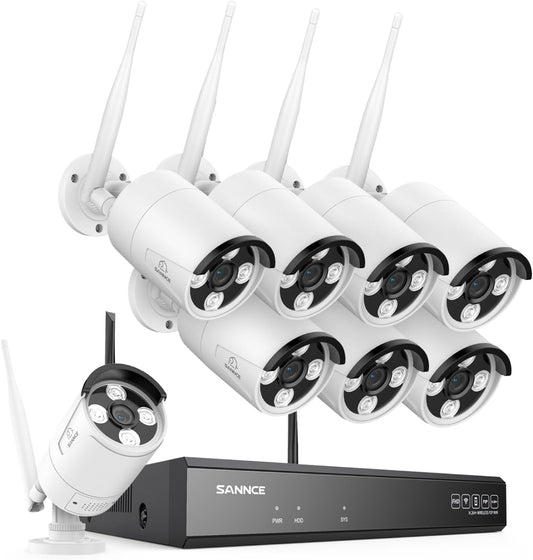 SANNCE WiFi NVR, bewakingscamera 8CH 1080P met nachtzicht, bewegingsdetectie, e-mailalarm, IP66, waterdicht, 8 draadloze externe camera