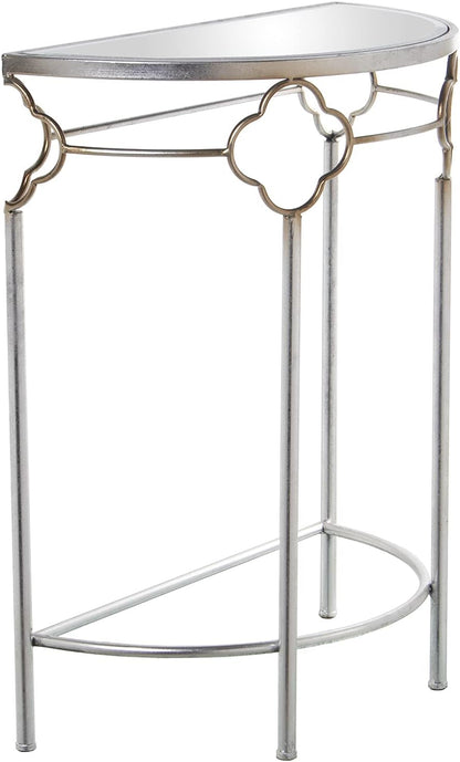 DRW Halfronde entreetafel van metaal en spiegel, zilverkleurig, 60 x 30,5 x 75 cm