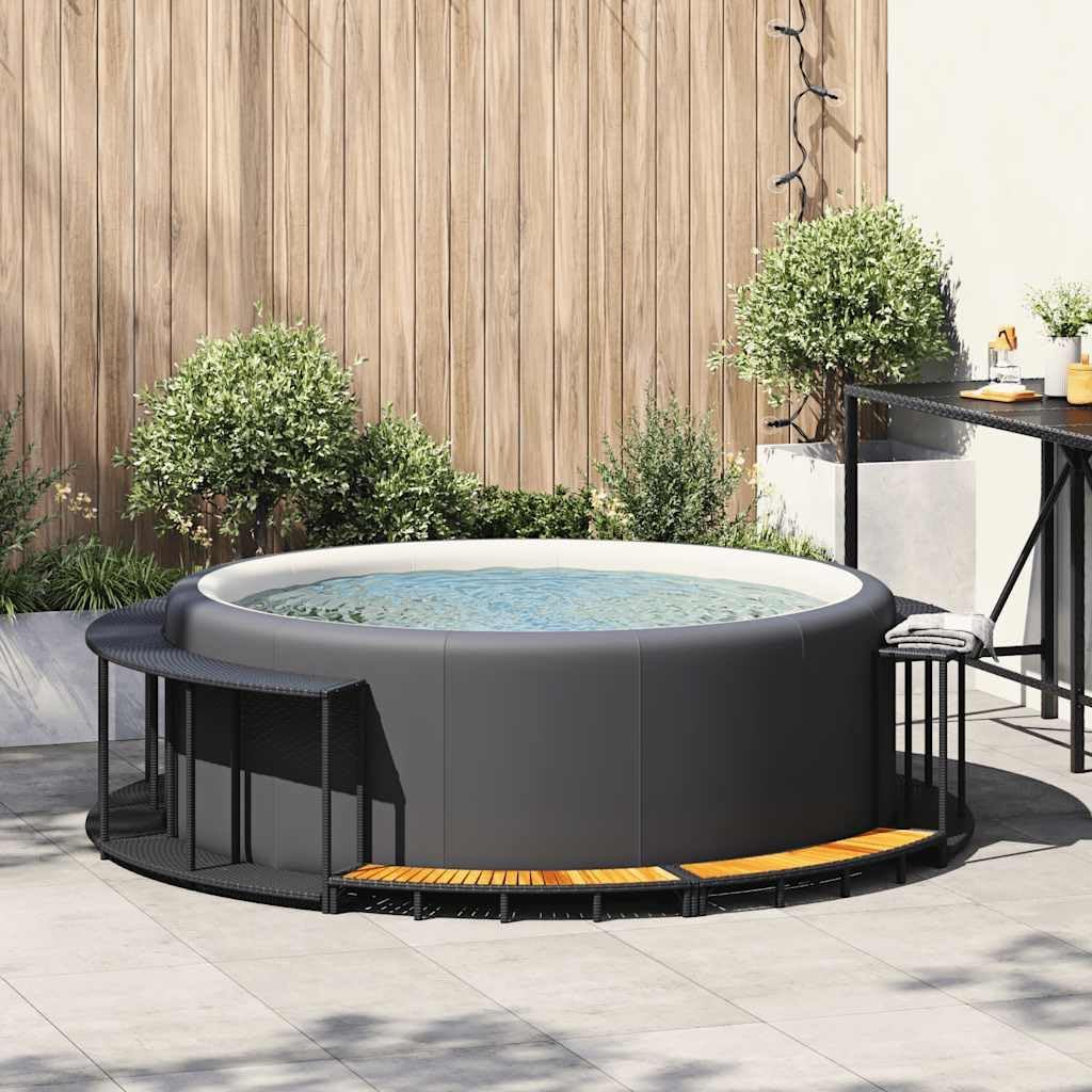 vidaXL Hot Tub Surround Storage Wooden Step Pad Poly Rattan Black,Spa Surround,Outdoor Hot Tub Enclosure,Round Hot Tub Round,Hot Tub Enclosure - QUORE