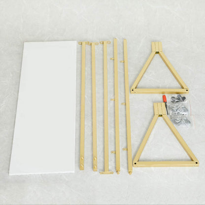 Kledingrek – Garderoberek – Kledingstandaard – Hangrek – Vrijstaand Kledingrek Goudkleurig – Metalen Frame En Houten Plank – Met 4 Rubber Wielen En Verstelbare Antislipvoeten
