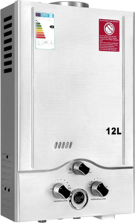 12 LPM, doorstroomboiler, 24 kW, LPG, doorstroomboiler met laagste beschikbare waterdruk van 0,2 bar, geschikt voor propaan en butaan, voor thuis, campers, cabines, schuren