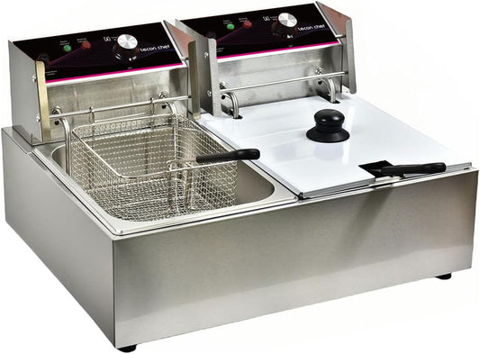 Friteuse 6 liter roestvrij staal, instelbare thermostaat met zeef 2500W (6L + 6L)