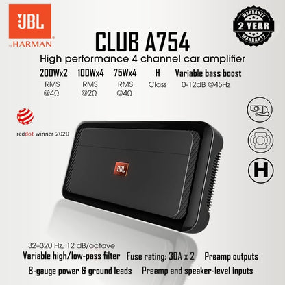 JBL Club A754 4-Kanaals Auto Versterker 400W RMS Klasse H High-Performance Car Audio Upgrade Bridgeable 2 of 3 Kanaals Modus Variabele Crossovers Speaker-Level Ingang Compact Design Zwart