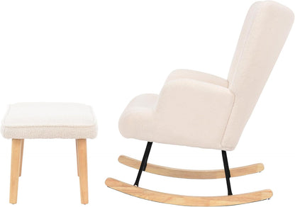 Schommelstoel – Relaxstoel – Schommelstoel Met Voetensteun – Lounge Stoel – Wipstoel – Teddy Pluche Wit – Houten Frame – Ergonomisch Hoofdsteun