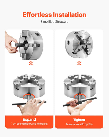VEVOR 4 Jaws, 200 mm, Self-Centering Drill Chuck with 1 1/2"-8 Thread Support Plate, 4-200 mm Clamping Range with T-Wrench Screws, HT300 Material, for Wood Metal Lathe