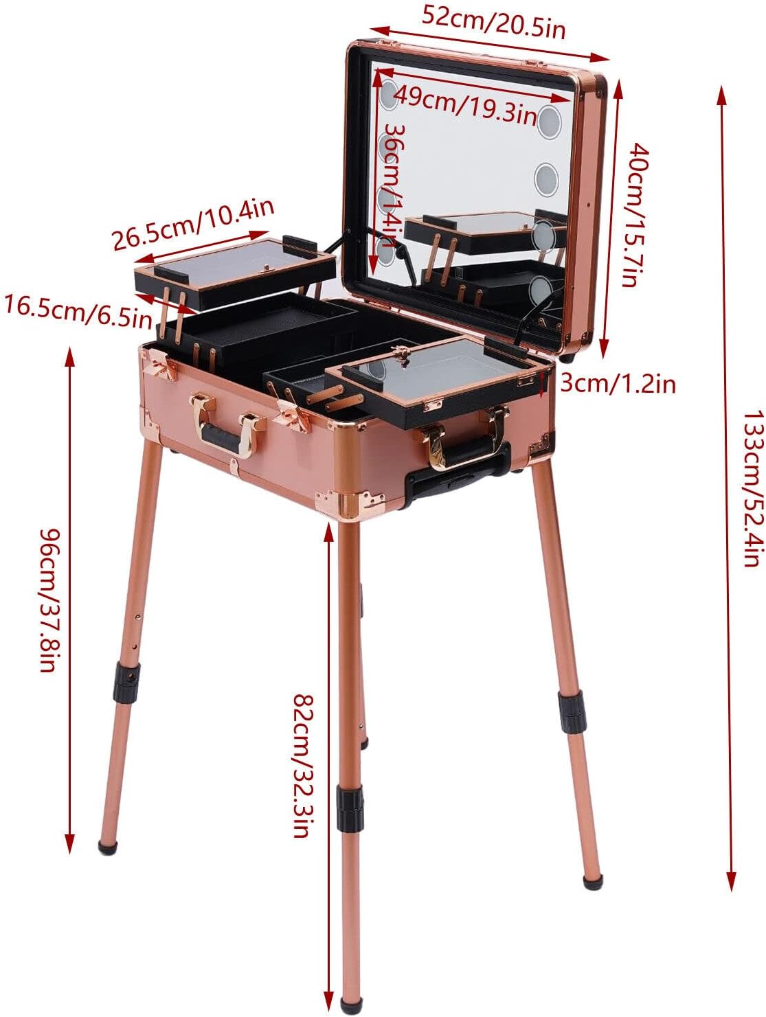 Cosmetic Suitcase, Trolley, Makeup Case, Beauty with Mirror, Easy to Clean, Extendable Shelves, Professional Champagne Glass, Retro Upcase - QUORE