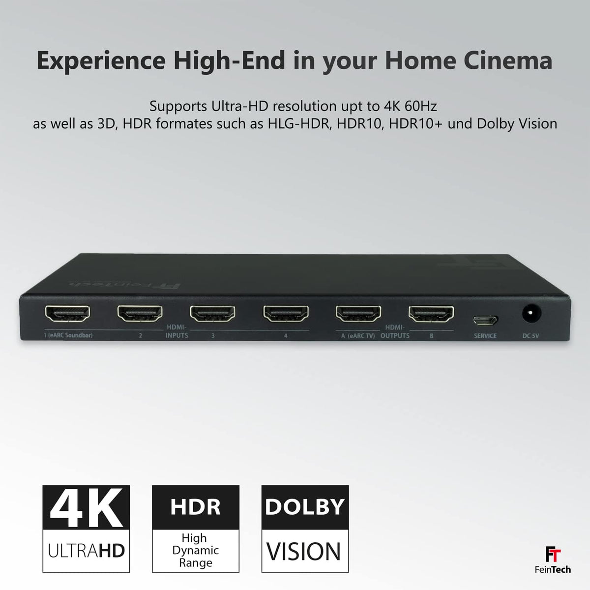 FeinTech VAX04201 HDMI eARC Pass Matrix Switch 4x2 voor soundbar en 2 displays 4K 60Hz Dolby Vision Atmos