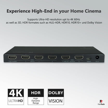FeinTech VAX04201 HDMI eARC Pass Matrix Switch 4x2 voor soundbar en 2 displays 4K 60Hz Dolby Vision Atmos