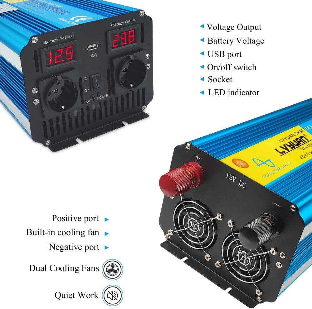 Omvormer, zuivere sinusgolf, 4000 W, 8000 W, transformator van 12 V naar 220 V, 230 V, met afstandsbediening en 2 USB-poorten, 2 leds
