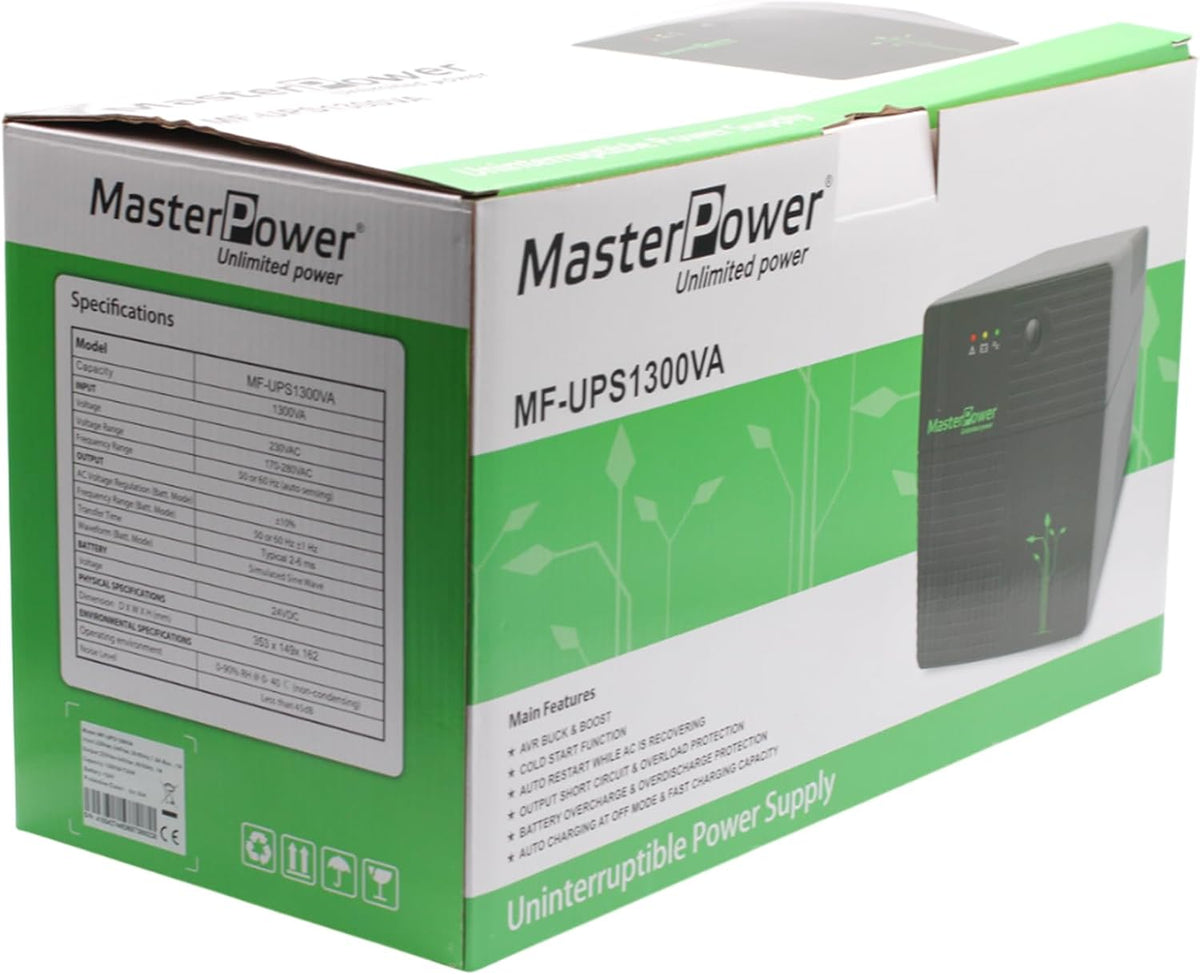 Master Power UV, ononderbroken voeding, UPS 1300 VA, constante uitgangsspanning 720 W, 4 geaarde stopcontacten