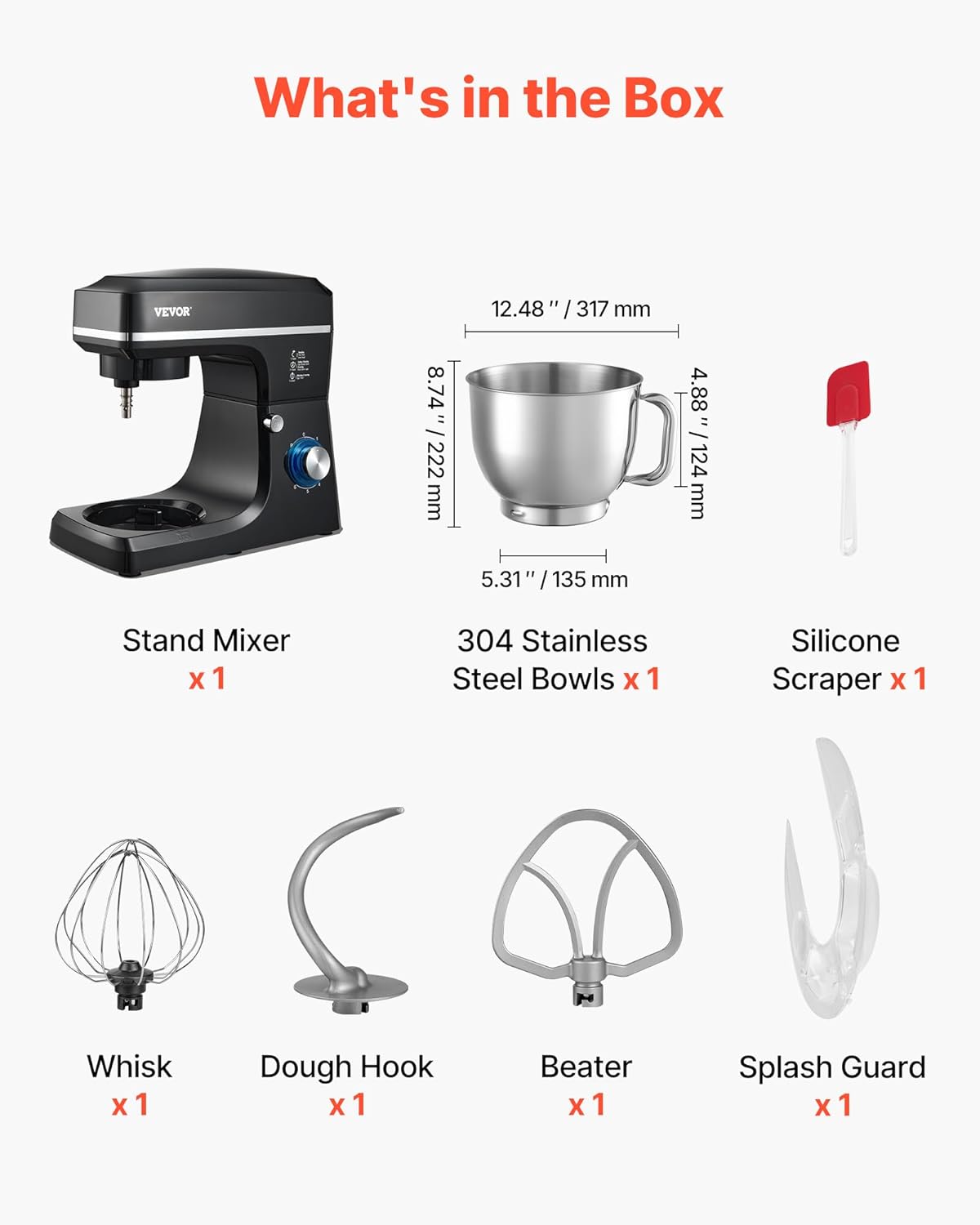 VEVOR Keukenmachine, deegmixer, 1400 W, 7,84 l, keukenmachine met kantelbare kop, roestvrijstalen kom, deeghaak, garde, schraper, huishoudelijke keukenmachine voor bakken en mixen, zwart