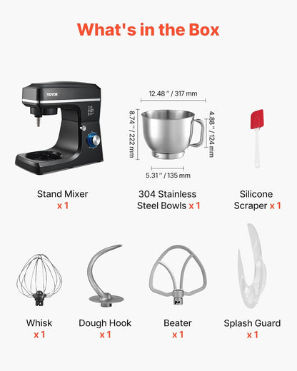 VEVOR Keukenmachine, deegmixer, 1400 W, 7,84 l, keukenmachine met kantelbare kop, roestvrijstalen kom, deeghaak, garde, schraper, huishoudelijke keukenmachine voor bakken en mixen, zwart