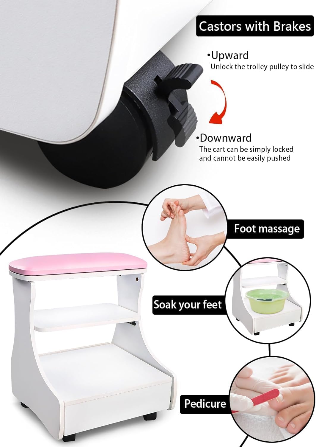 Pedicure voetsteun met wielen Roze/Wit – Manicure voetsteun – Voetsteun voor salon – Pedicure voetbank – Voetsteun met opbergruimte – Verwijderbare PU-bekleding – 4 zwenkwielen met rem