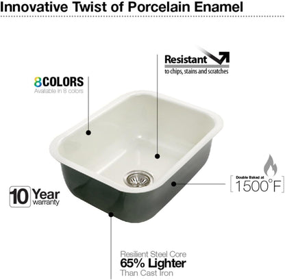 Houzer Porcela White Porcelain Enamel Steel Kitchen Sink: 23 Inch Undermount Single Bowl Sink, Durable & Versatile, Essential for Home and Apartment: PCS-2500 WH
