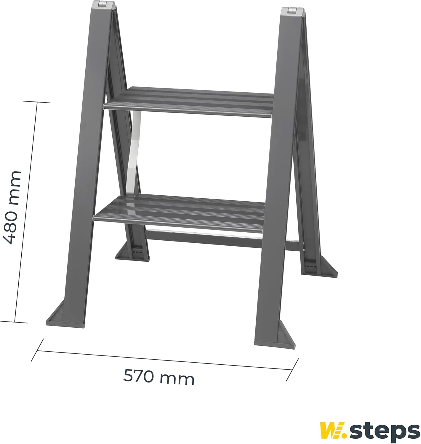 W.Steps 728502 Vikingstep Midi Zwarte aluminium trapladder, 480 mm hoog, belastbaar tot 150 kg, compacte aluminium vouwladder met 2 treden, slechts 35 mm breed