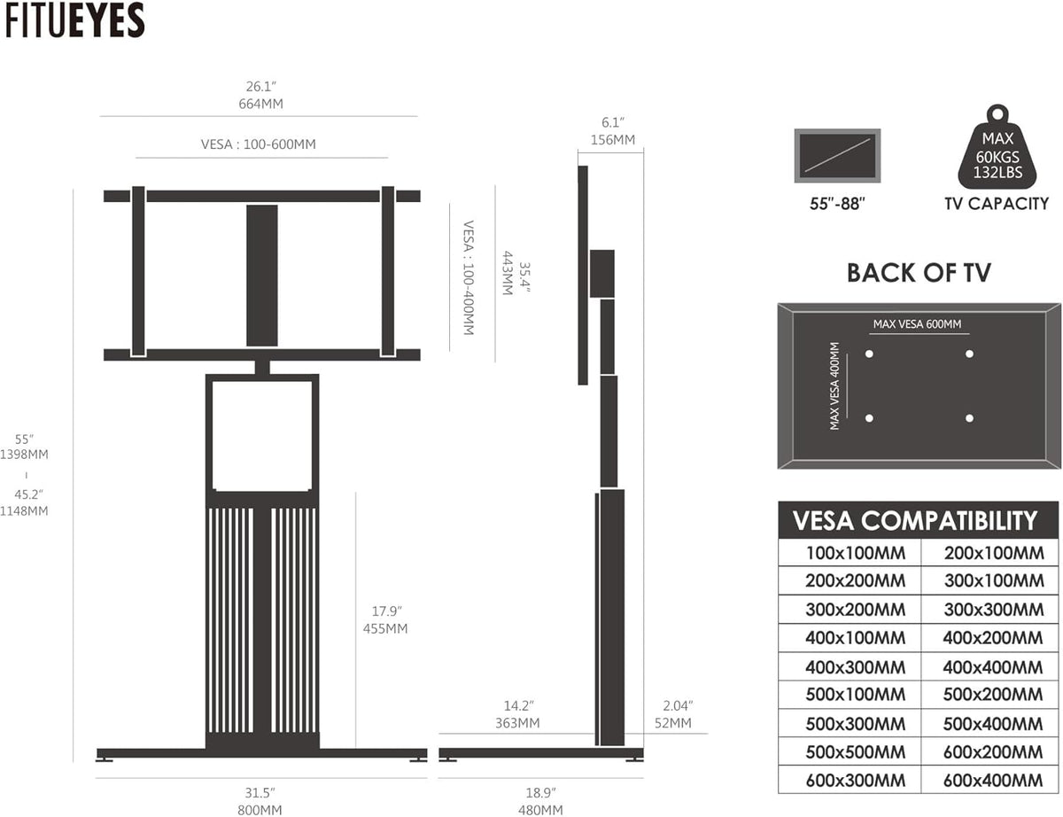 FITUEYES Design TV-standaard op standaard, voor schermen van 55 tot 88 inch, in hoogte verstelbaar, tv-kast van massief hout, draaibaar, maximale belasting 60 kg, hoek verstelbaar ± 30 graden,