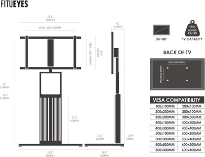FITUEYES Design TV-standaard op standaard, voor schermen van 55 tot 88 inch, in hoogte verstelbaar, tv-kast van massief hout, draaibaar, maximale belasting 60 kg, hoek verstelbaar ± 30 graden,