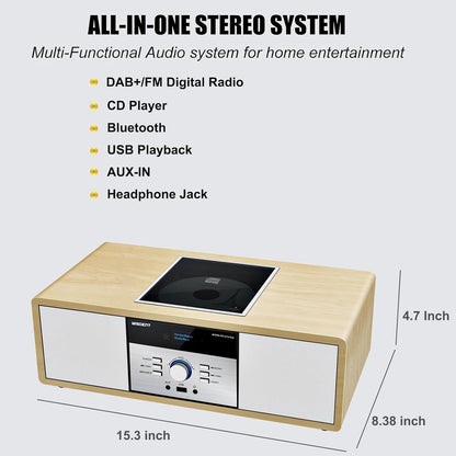 DAB-radio met CD-speler, vintage hifi-muzieksysteem van hout met Bluetooth, DAB+, FM-radio, AUX- en USB-ingang, afstandsbediening, compact radio en stereo-installatie