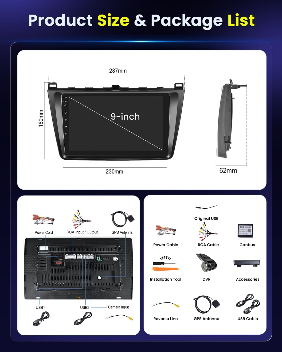 Hikity autoradio Android 15 met Wireless CarPlay en dashcam voor Mazda 6 (2007-2012), 9 inch RDS GPS-stereo met WiFi, SWC Mirror Link + Canbus