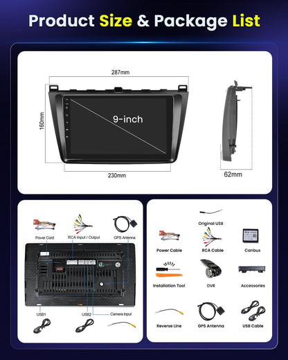 Hikity autoradio Android 15 met Wireless CarPlay en dashcam voor Mazda 6 (2007-2012), 9 inch RDS GPS-stereo met WiFi, SWC Mirror Link + Canbus