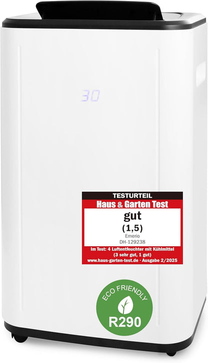 Emerio DH-129238 Luchtontvochtiger met R290, 30 l/dag, auto-stop wanneer vol, kamergrootte tot 60 m², led-display, timer, droogfunctie voor kleding, tegen vocht en schimmel, grote tank van 6 liter
