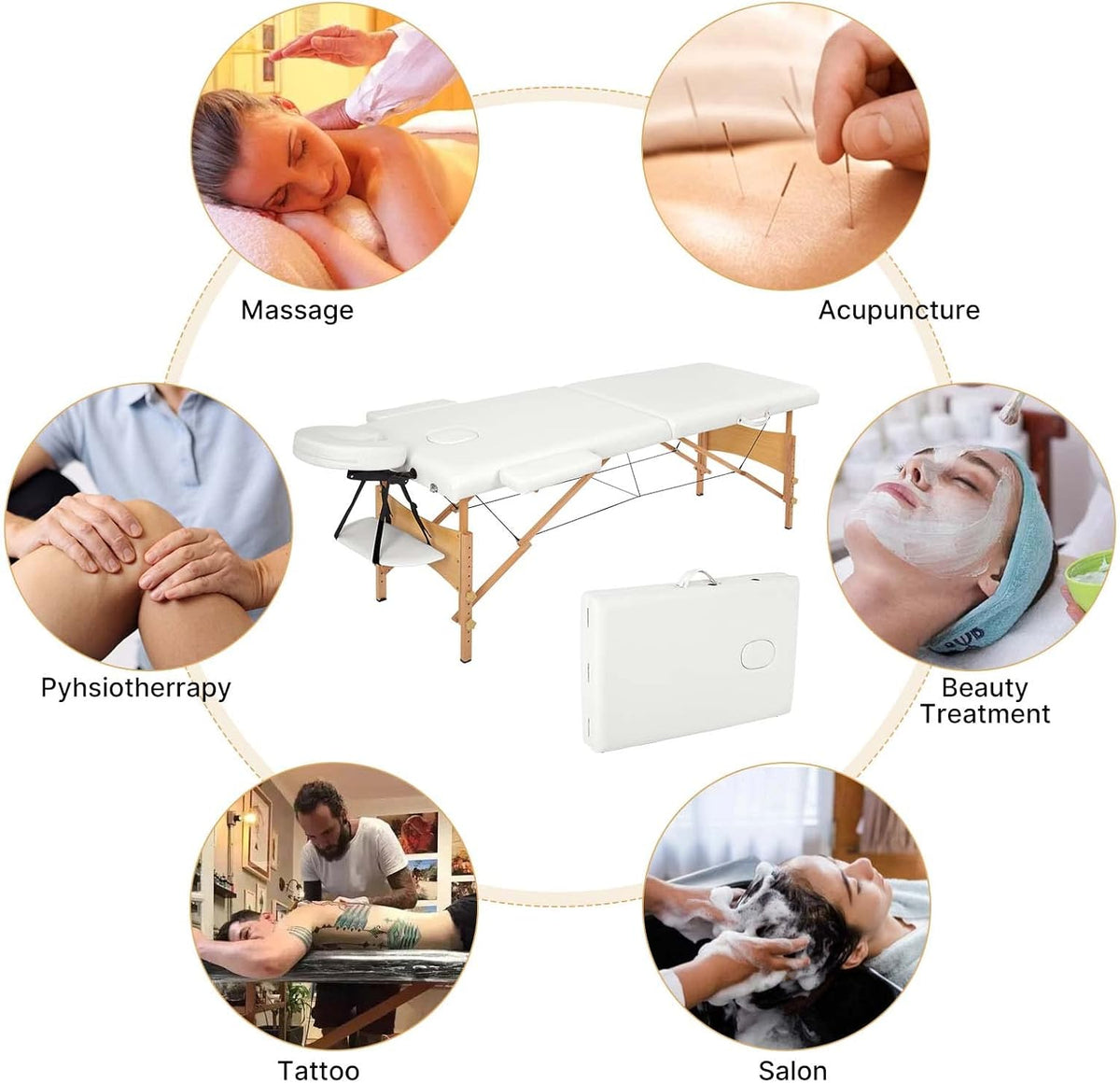 Meerveil Massagetafel, inklapbaar, 2 secties, inklapbaar, van PU en hout, met afneembare hoofdsteun, met transporttas en accessoires (wit), 198 x 60 x 81 cm