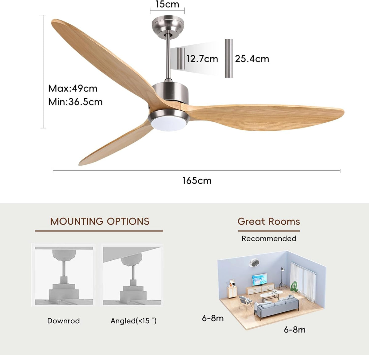 Ovlaim 165 cm Intelligente plafondventilator van massief hout met 3 bladen met licht en afstandsbediening, stille DC-motor met 6 snelheden voor woonkamer, slaapkamer