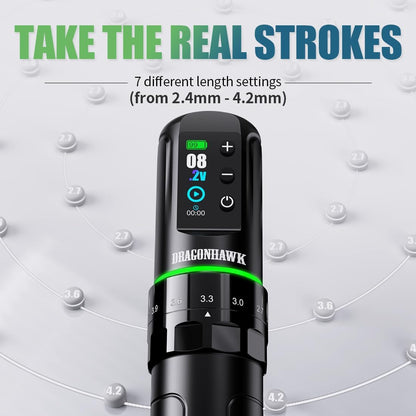 Dragonhawk L3 Tattoo Kit, Wireless Rotary Tattoo Gun Complete Pen Kit, 7 Strokes Length 2pcs Batteries 2000mAh Battery, RCA Connect,Tattoo Needles Cartridges for Beginners (2 BATTERIES)