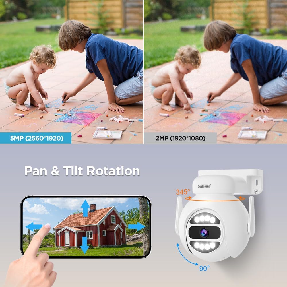 SriHome WiFi videobewakingsset, 4 camera's 5 MP, monitor 10,1 inch, nachtzicht, bewegingsdetectie, afstandsbediening