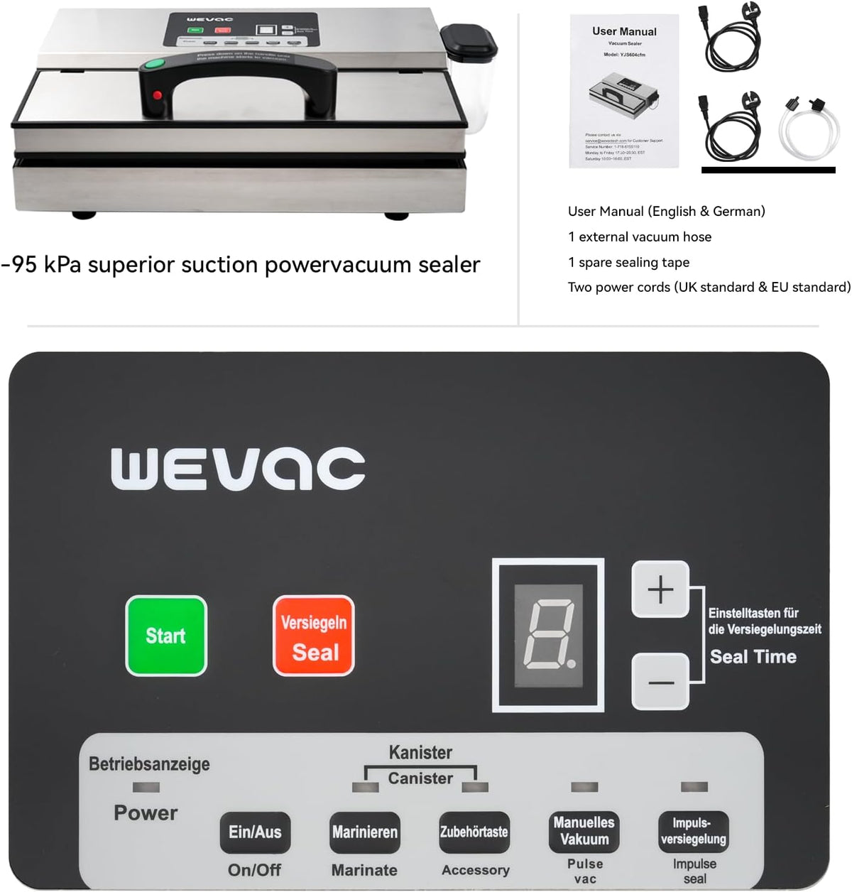 Wevac Vacuümmachine, zuigvermogen 16 liter/min, 30 cm lasnaad, regelbare vacuümsterkte, roestvrij staal, professionele vacuümmachine met vloeistofreservoir voor droge of vochtige levensmiddelen
