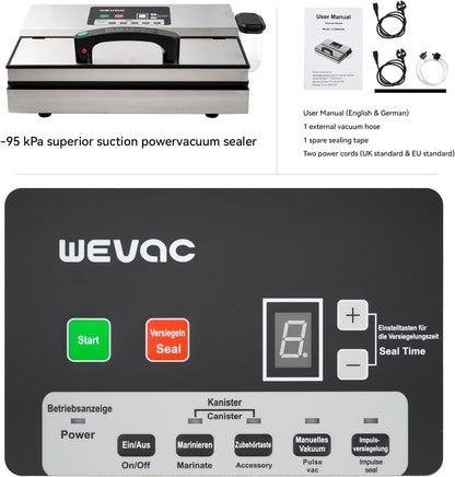 Wevac Vacuümmachine, zuigvermogen 16 liter/min, 30 cm lasnaad, regelbare vacuümsterkte, roestvrij staal, professionele vacuümmachine met vloeistofreservoir voor droge of vochtige levensmiddelen