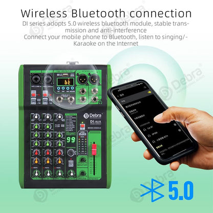 D Debra 4-Kanaals DJ Mixer, 99 DSP Effecten, USB/MP3 Ingang, 48V Fantoomvoeding, Ideaal voor DJ, Karaoke, Studio