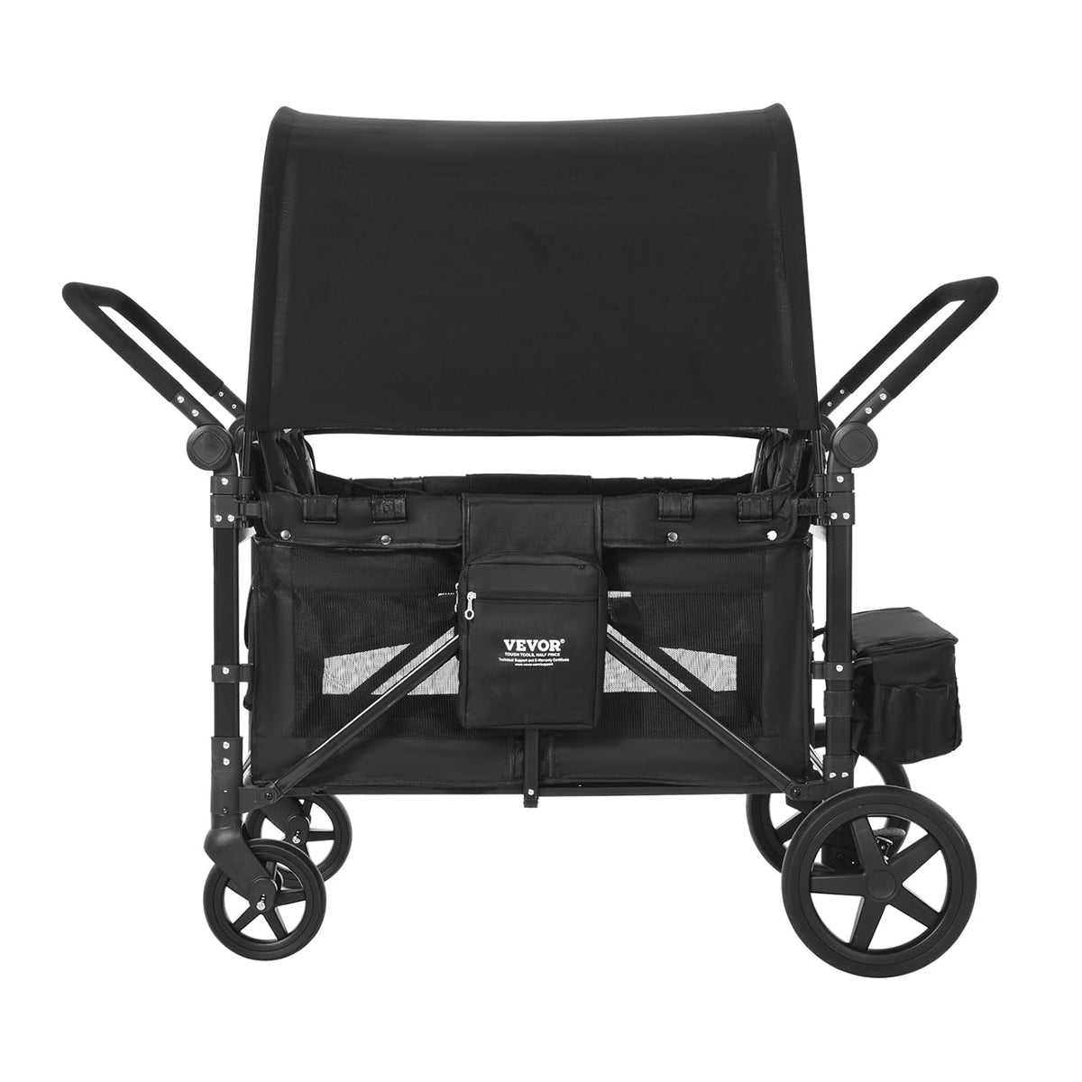 VEVOR Wagon Kinderwagen voor 4 Kinderen, Push Pull Quad Opvouwbare Kinderwagen met Verstelbare Handvat, 5-punts Veiligheidsharnas & Afneembare Luifel, 4-zits Kinderwagen voor Camping, Zwart (149,7 kg