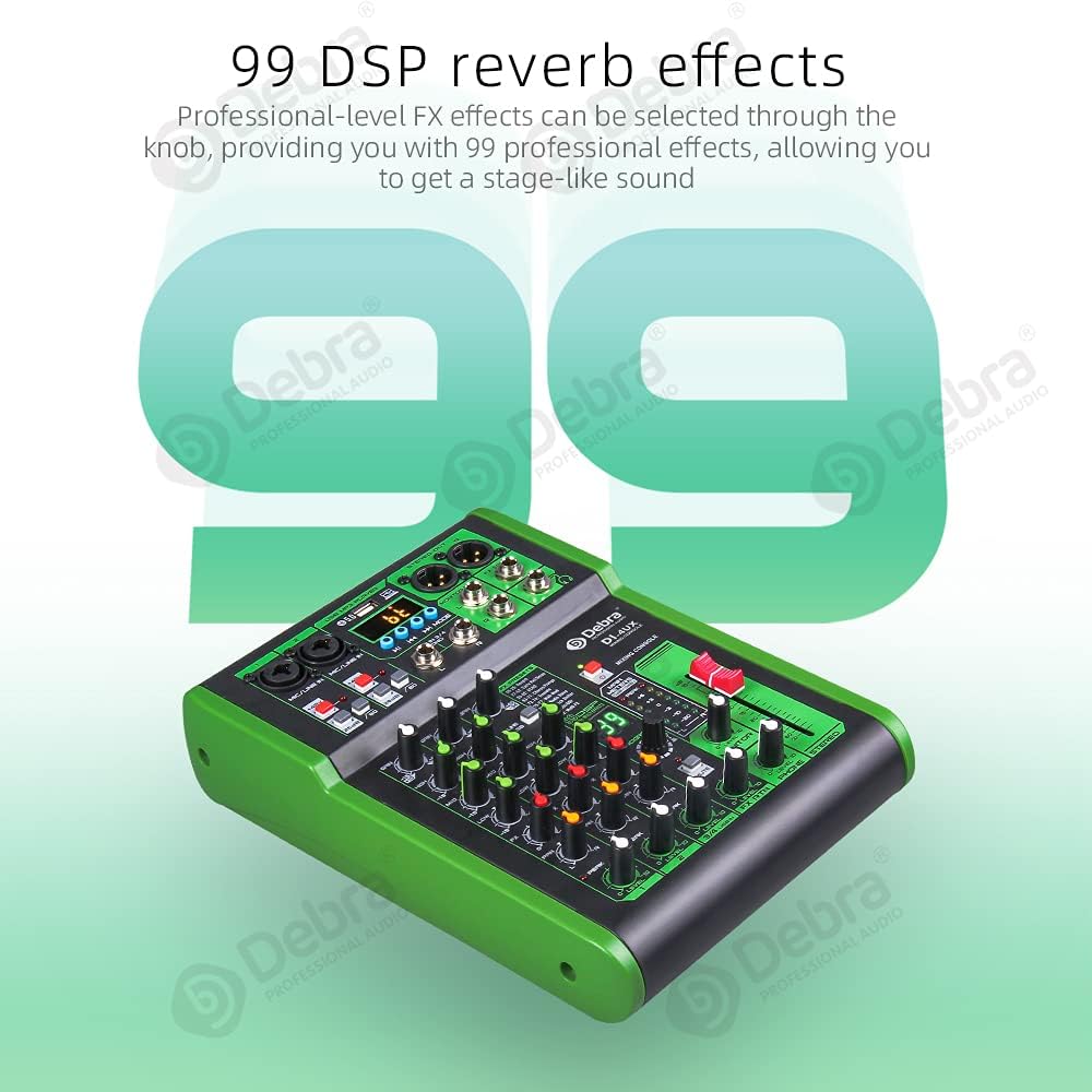 D Debra 4-Kanaals DJ Mixer, 99 DSP Effecten, USB/MP3 Ingang, 48V Fantoomvoeding, Ideaal voor DJ, Karaoke, Studio