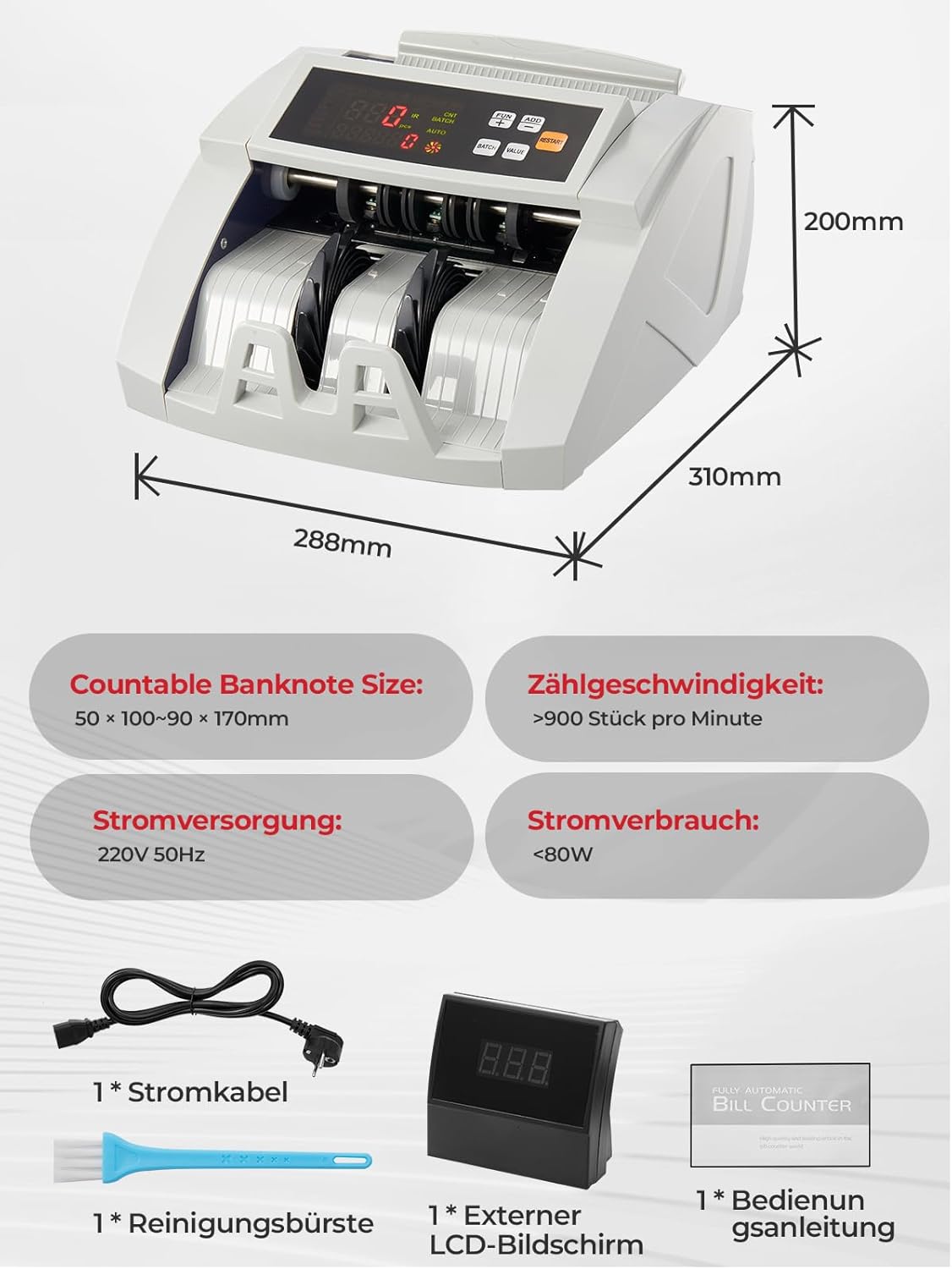FOHERE Geldtelmachine, professionele geldteller met UV/MG/IR/DD vervalsingsherkenning, 1100 bankbiljetten/minuut, lcd-display, waarde- en batchmodus voor winkels, banken en restaurants