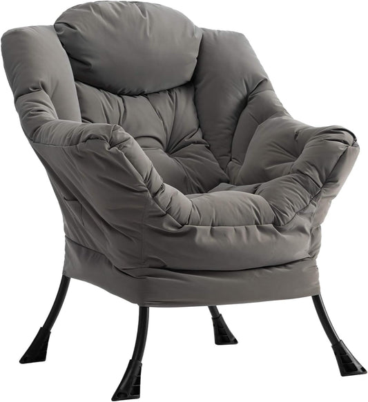 Luie stoel lounge stoel met armleuningen en zijvak relax fauteuil met moderne waterproof stof en stalen frame, Grijs