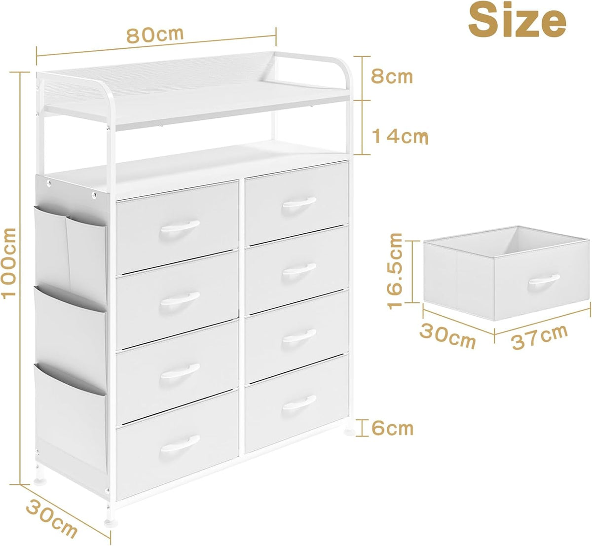 Commode met Laden, Commode Kast met 8 Stoffen Lades, Dressoirs Voor Slaapkamer met 2-Laags Houten Blad, Metalen Frame, Woonkamer, Wit