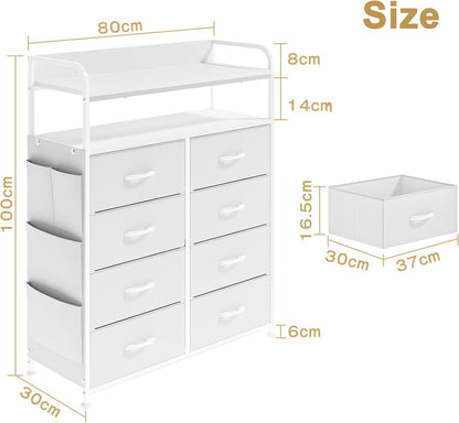 Commode met Laden, Commode Kast met 8 Stoffen Lades, Dressoirs Voor Slaapkamer met 2-Laags Houten Blad, Metalen Frame, Woonkamer, Wit