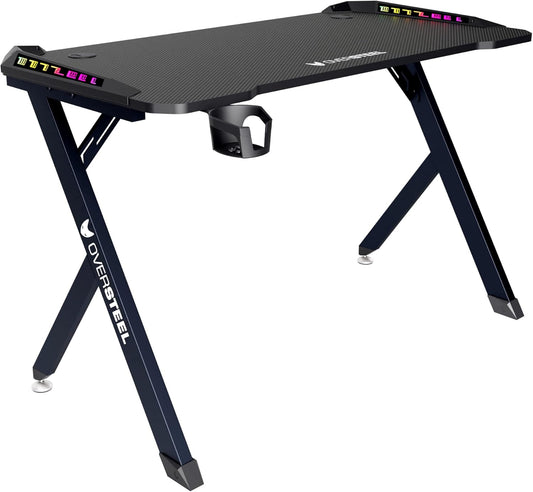 Oversteel - Vitallium Gaming Tafel 120x60x75 cm, RGB LED Licht, Carbon Fiber Oppervlak, Ergonomisch, Beker- en Headsethouder, Computer Bureau, Zwart