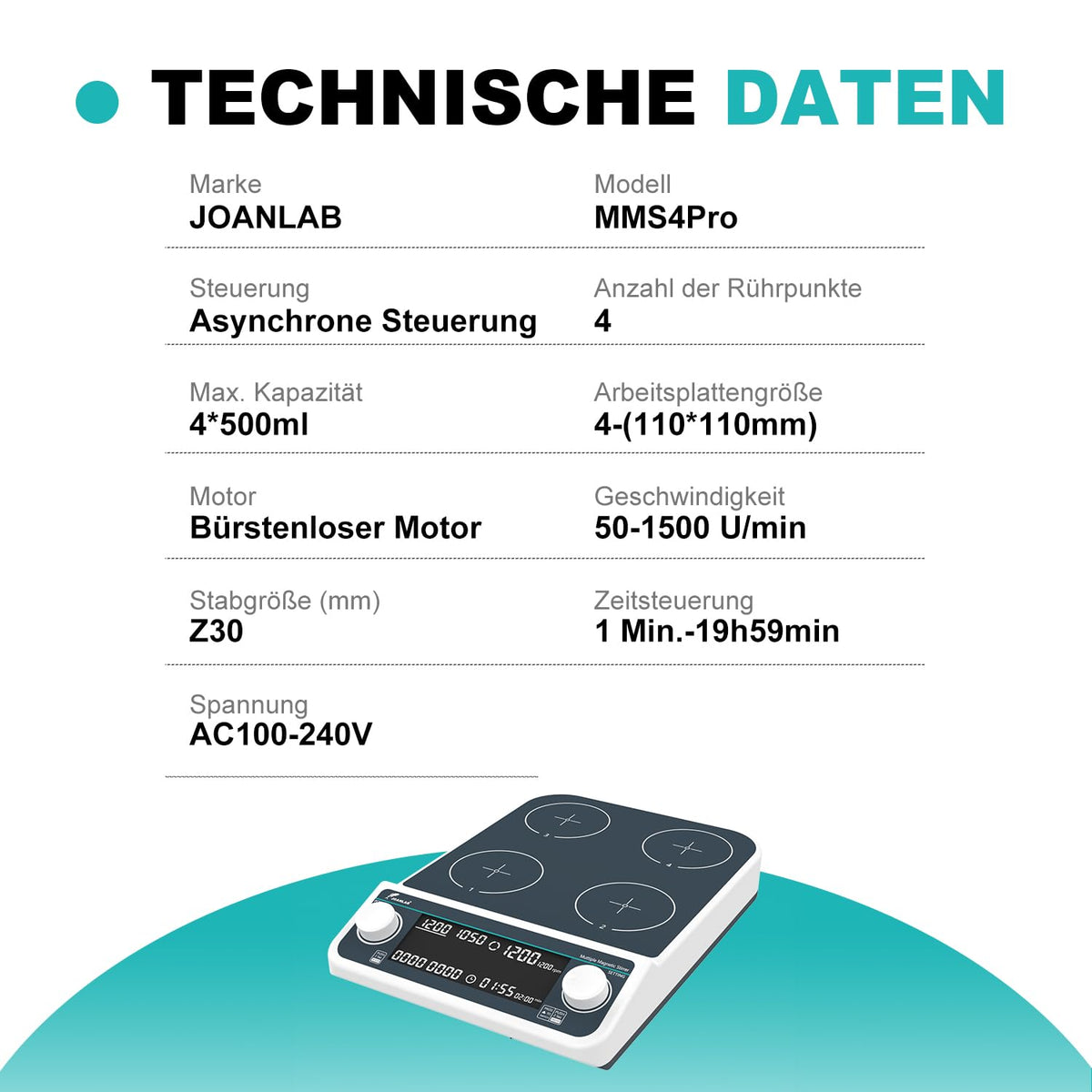 JOANLAB Magneetroerder, digitaal, 4-voudig, met sync/Async-functie, 50-1500 omw/min, timer, 4 x 500 ml, voor laboratorium (MMS-4PRO)