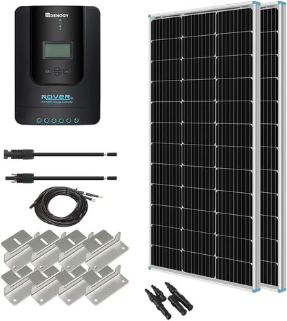 Renogy 200 W 12 V Monokristallijn Panel Starter 40A Rover MPPT Controller/Montage Z Beugels/Lade Kabel/Adapter Kit, RV Solar Opladen, Boten, Off-Grid Systeem