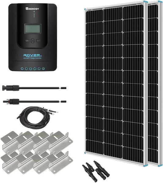 Renogy 200 W 12 V Monokristallijn Panel Starter 40A Rover MPPT Controller/Montage Z Beugels/Lade Kabel/Adapter Kit, RV Solar Opladen, Boten, Off-Grid Systeem