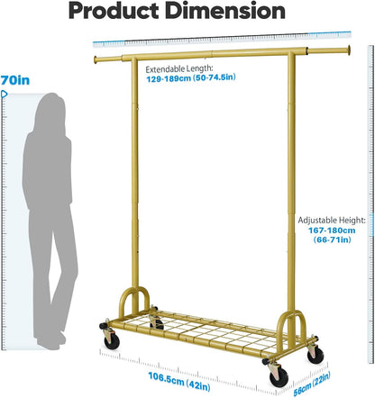 HOKEEPER Kledingrek met planken, capaciteit 200 kg, kledingrek op wielen, goud