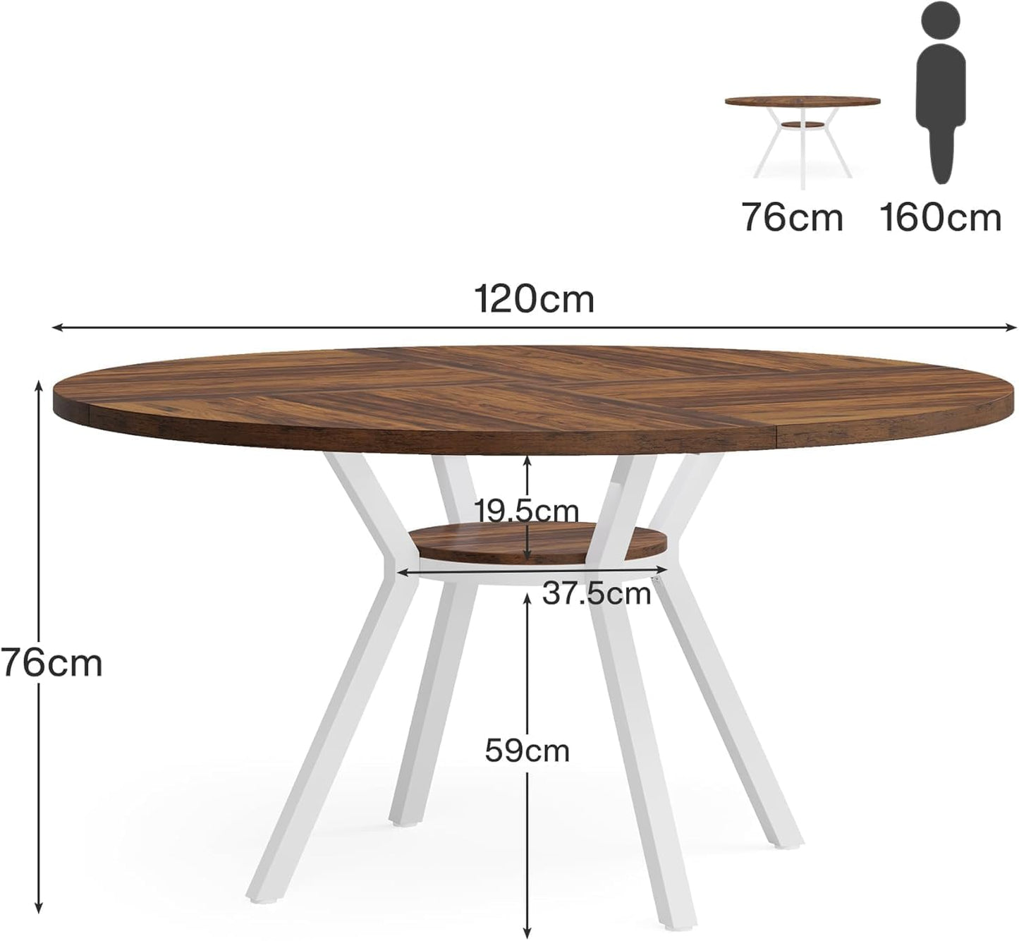 Ronde Eettafel – Eetkamertafel – Dining Table – Houten Tafel – Keukentafel – Met Opbergruimte – 120 cm Diameter – Stevig Metalen Onderstel