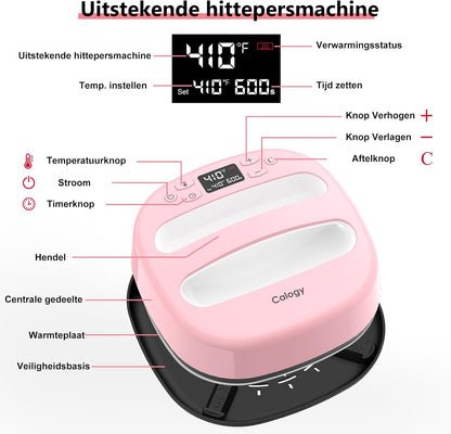 Calogy Warmtepersmachine Voor T-Shirts 10"X10", Draagbaar Sublimatieijzer Voor Tassen, Kussens, Htv Vinyl Transfer Projecten (Roze Wit)