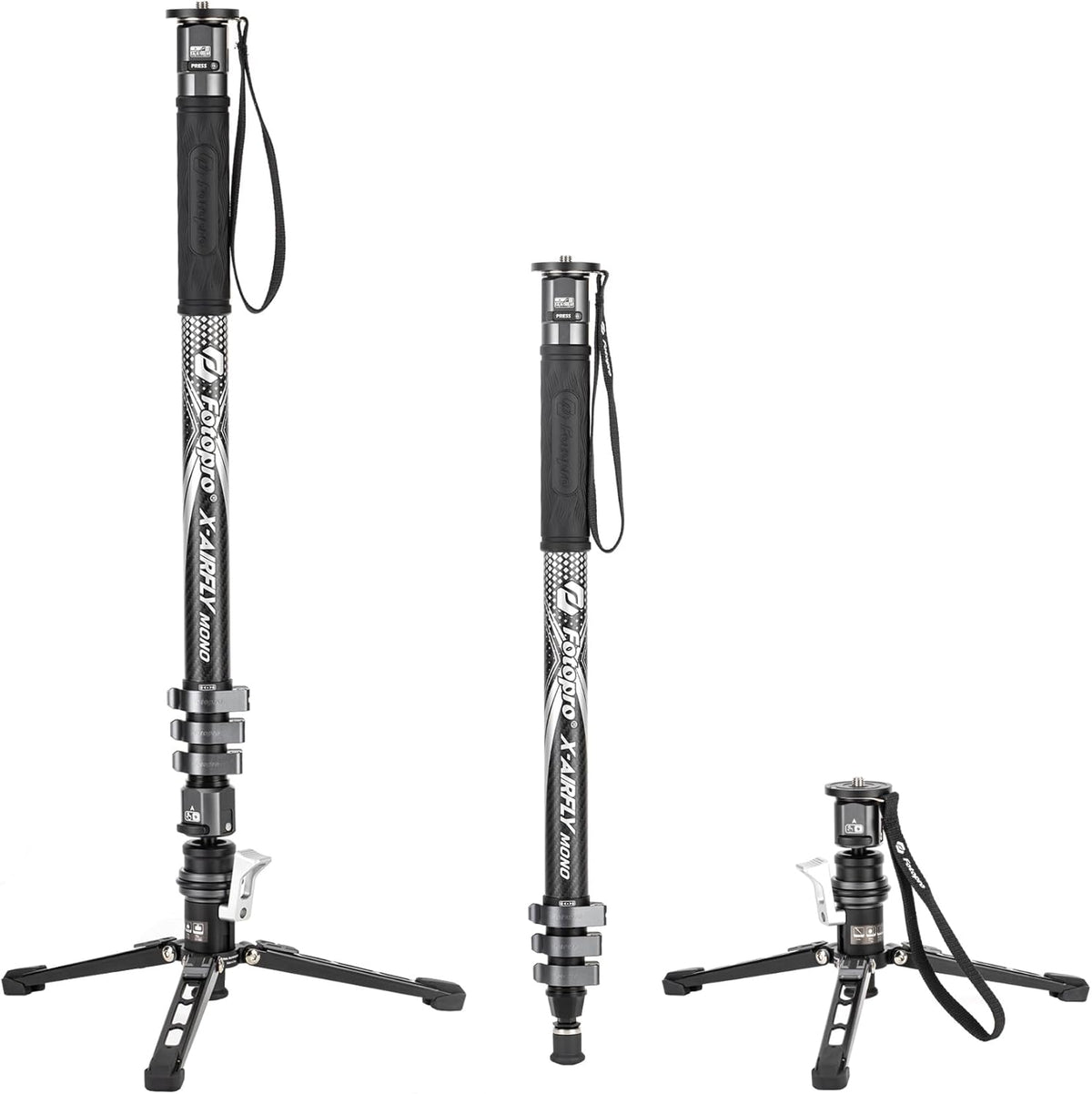 Fotopro 73-Inch Koolstofvezel Monopod met Pedaal en Voeten - 3-in-1 Professionele Carbon Fiber Travel Kit, Max 22 lbs voor DSLR Camera Stabilizer Videografie, Grijs