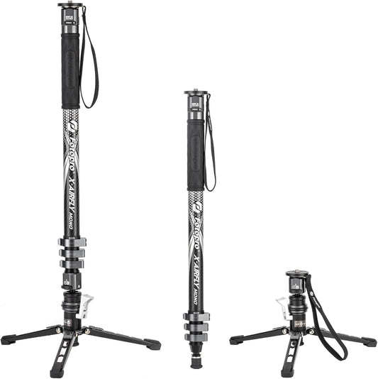 Fotopro 73-Inch Koolstofvezel Monopod met Pedaal en Voeten - 3-in-1 Professionele Carbon Fiber Travel Kit, Max 22 lbs voor DSLR Camera Stabilizer Videografie, Grijs
